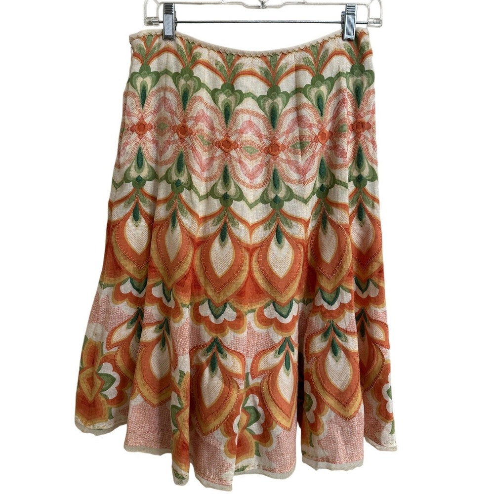 Elie Tahari Linen Embroidered Paisley A-Line‎ Skirt Lace Hem 6 Boho Chic